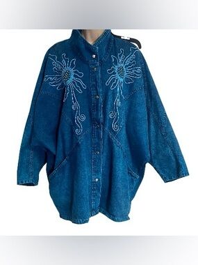 Vtg 80s Pado Cotton Denim Teal Blue Batwing Acid Wash Embroidered Snap Jacket OS